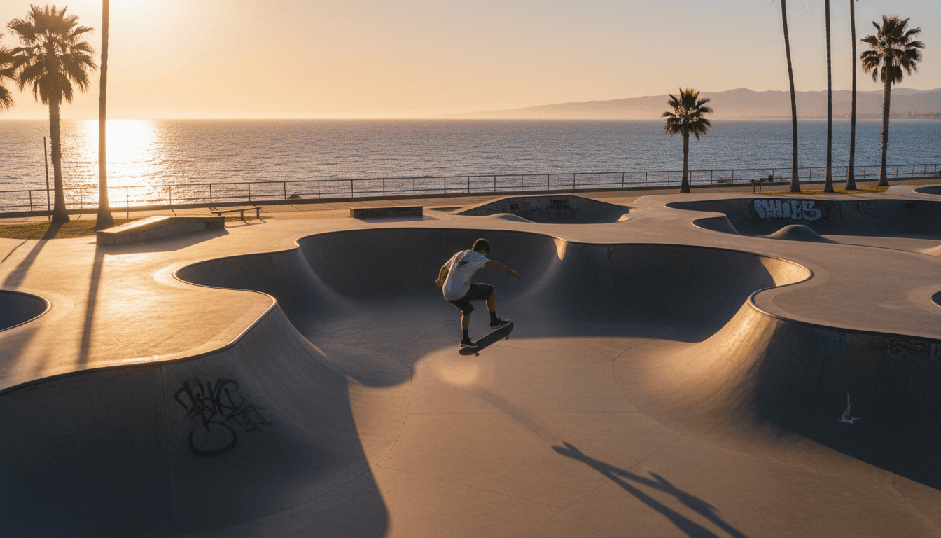Skateboarder cruising in a sunny Malibu skatepark