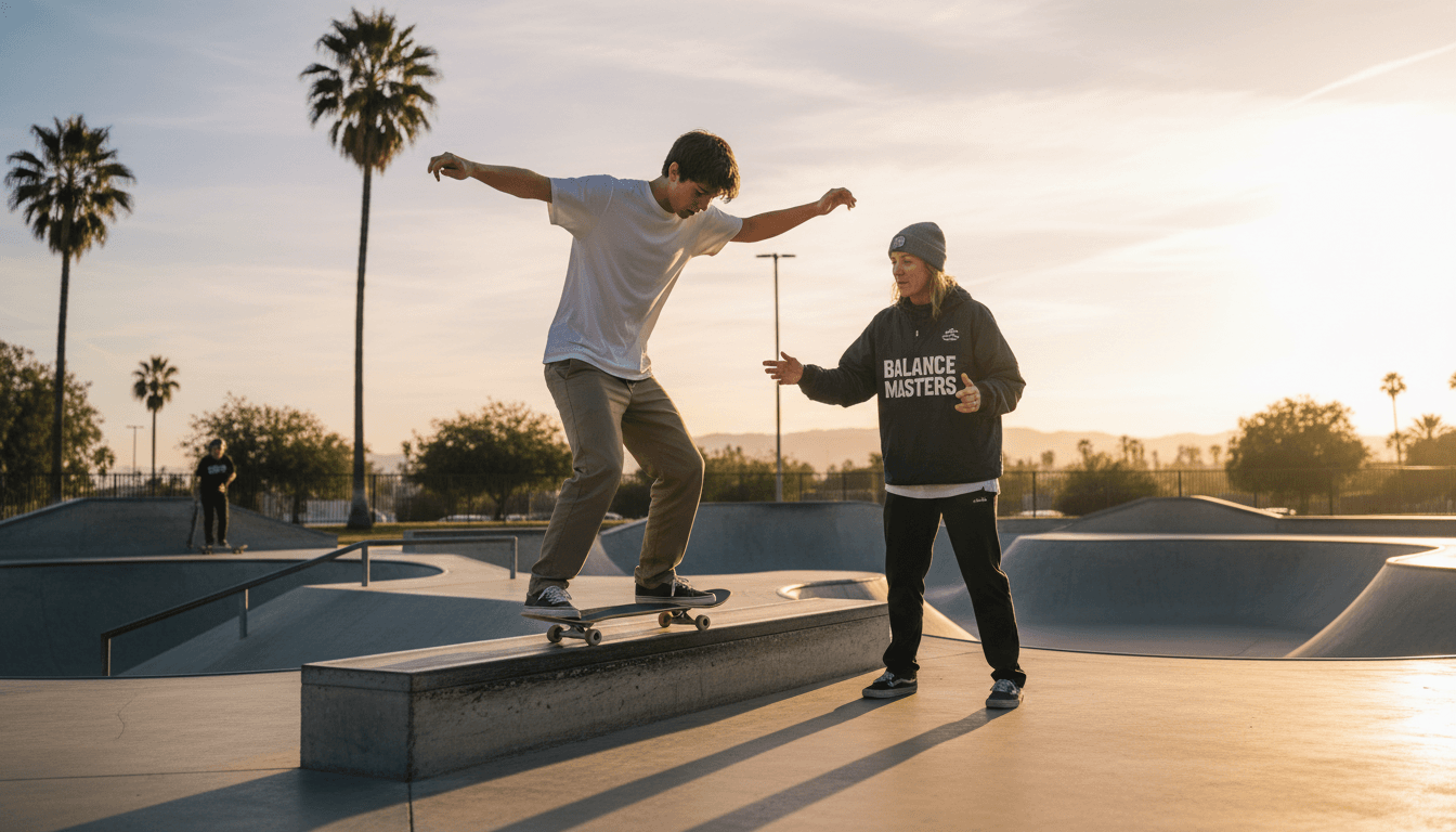Young adult skateboarder practicing balance on a board at an outdoor skatepark on a sunny day