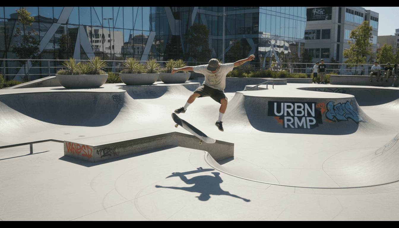 Skater riding a skateboard at a modern outdoor skatepark