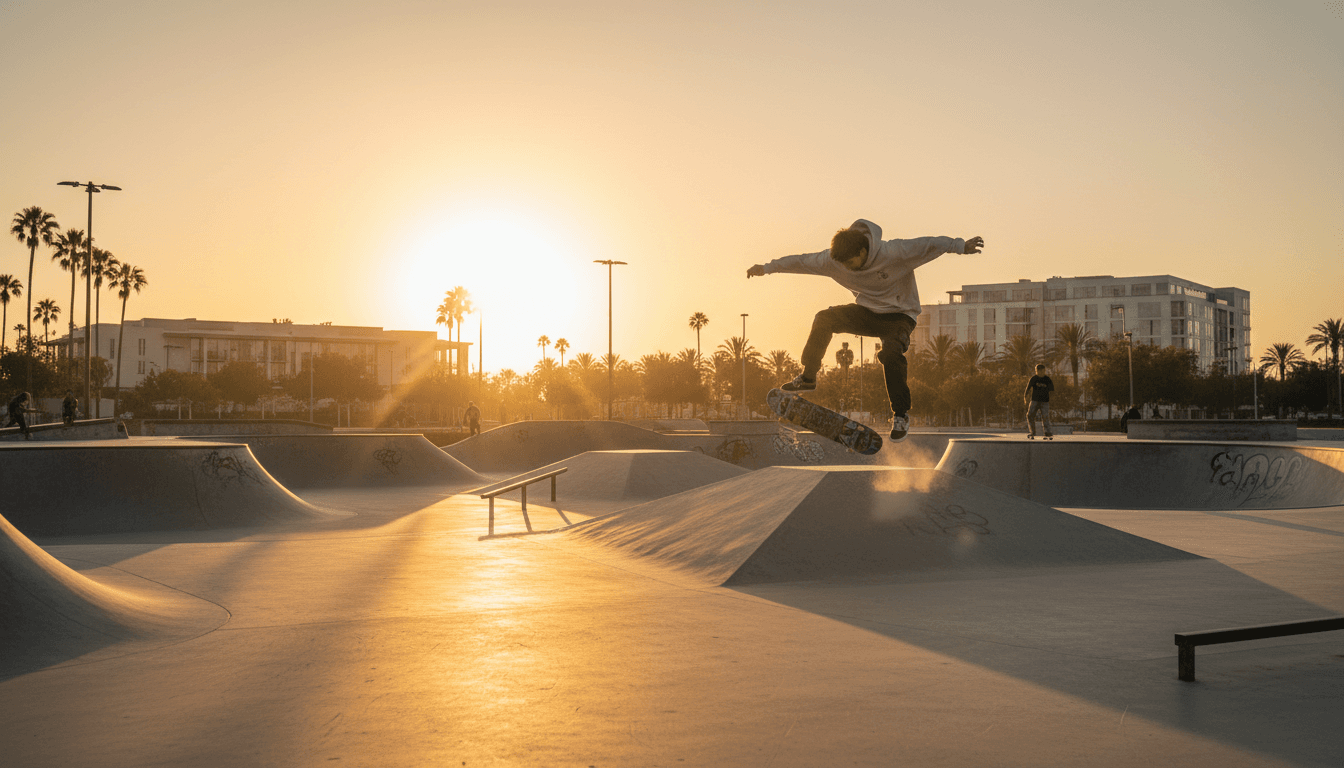 Skateboarder practicing at a modern outdoor skatepark during golden hour
