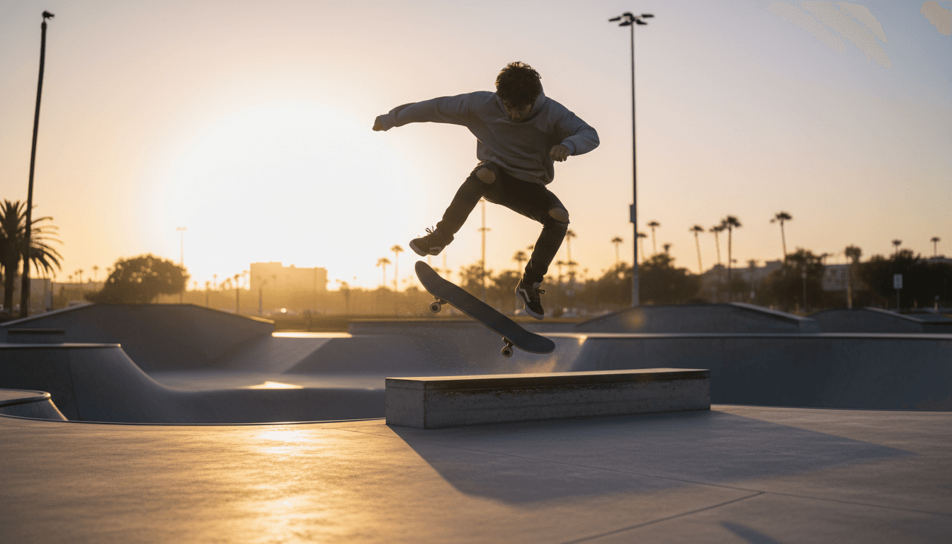 Teenage skateboarder practicing an ollie at an outdoor skatepark during golden hour