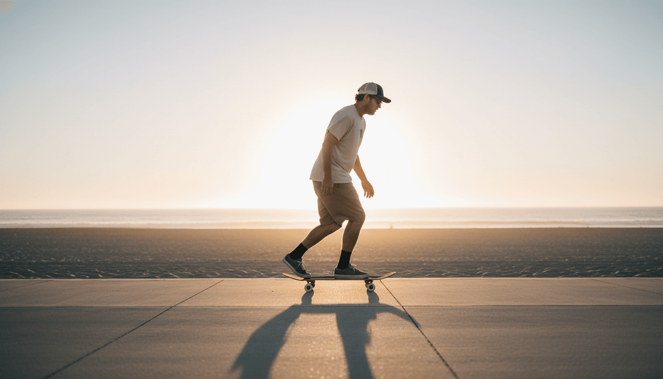 Adult skateboarder cruising near a Malibu beach at sunset