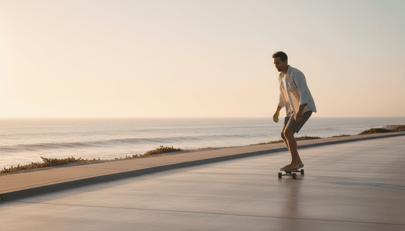 Adult skateboarder cruising along a Malibu coastal path at sunset