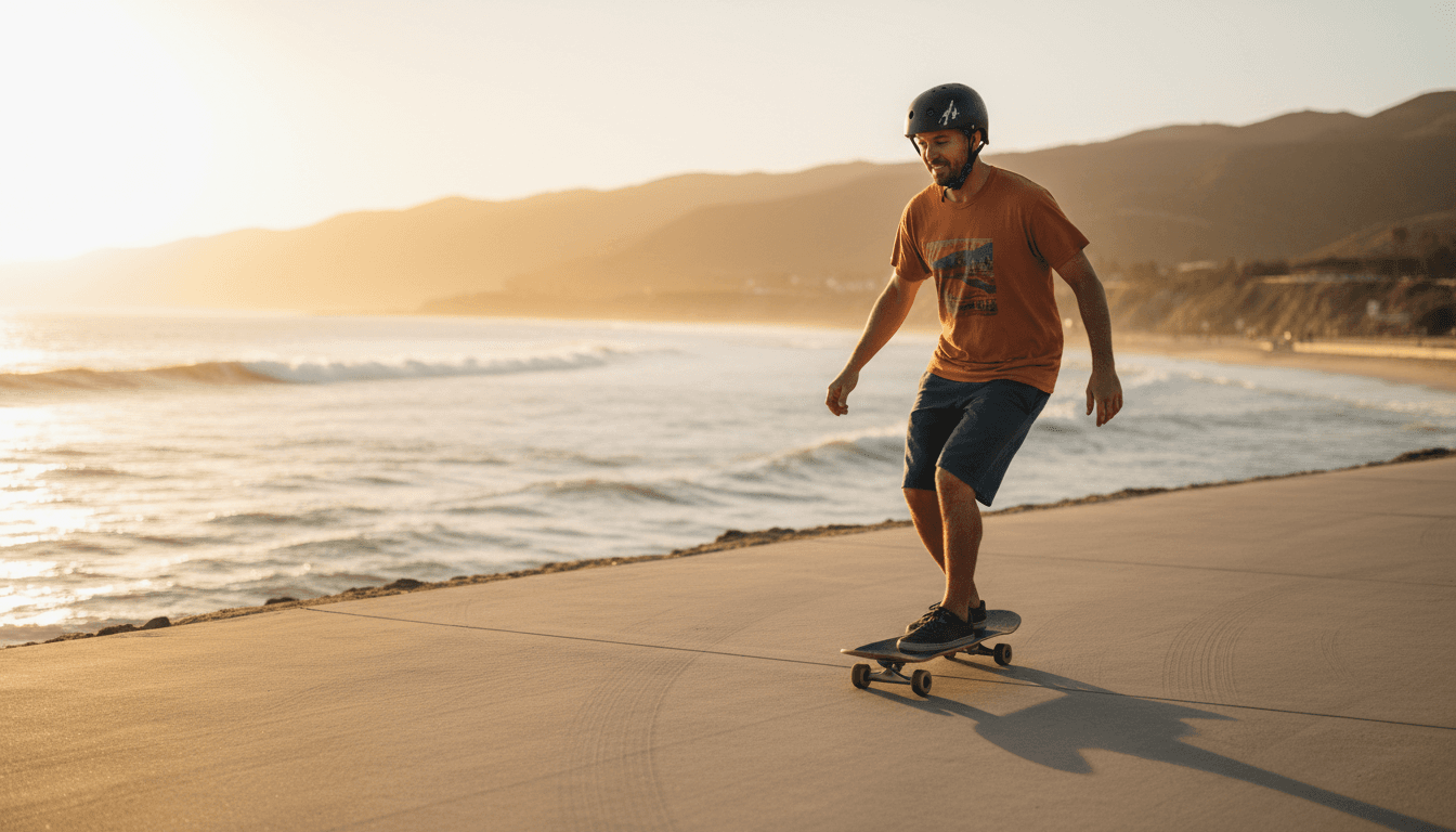 Adult skateboarder cruising along a Malibu coastal path at sunset