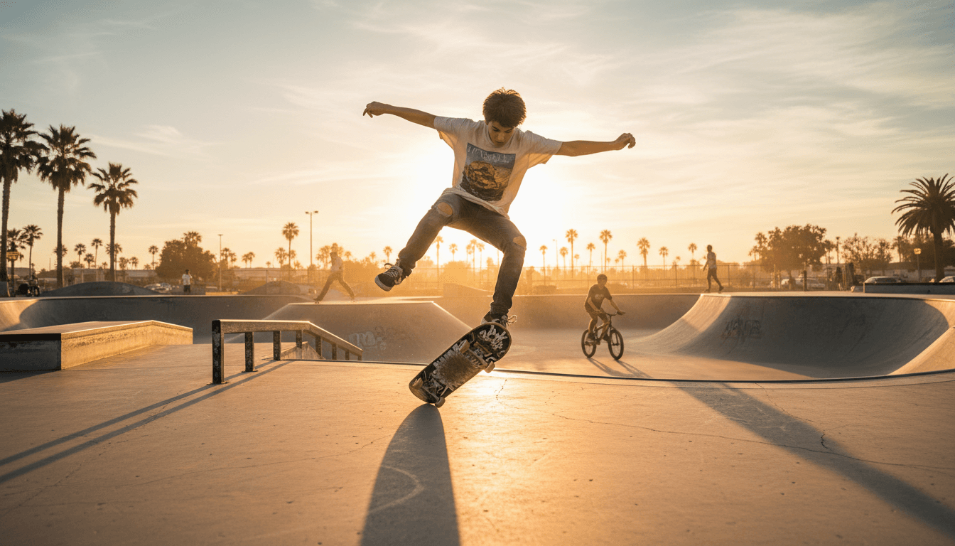 Teenager skateboarding in a sunlit skatepark with warm golden hour lighting